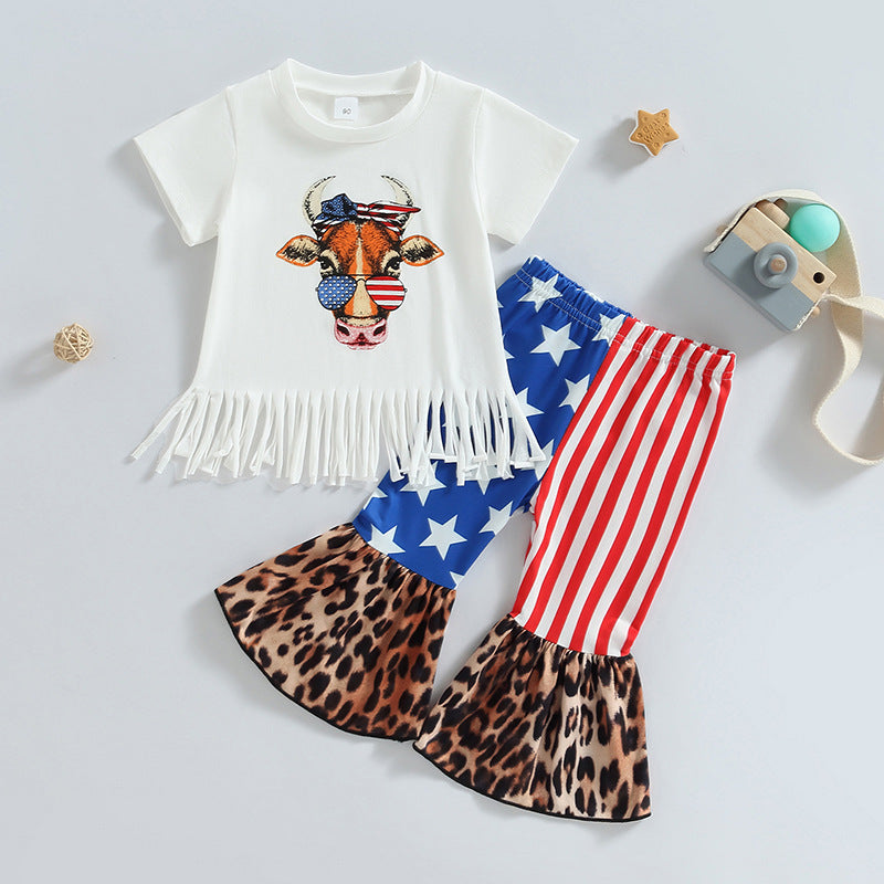 Wholesale Cotton Cow Tassel Leopard Print Flared Pants Girls Set